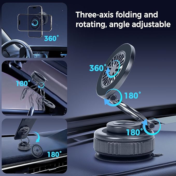 2026 Upgraded 360° Nano Gel Vacuum Magnetic Car Phone Holder,Reinforced Ultra Suction Cup Pocket Size Foldable Phone Mount for Dashboard/Gym/Mirror MagSafe iPhone Air 17 16 15 14 13 12 Pro Max (Black)