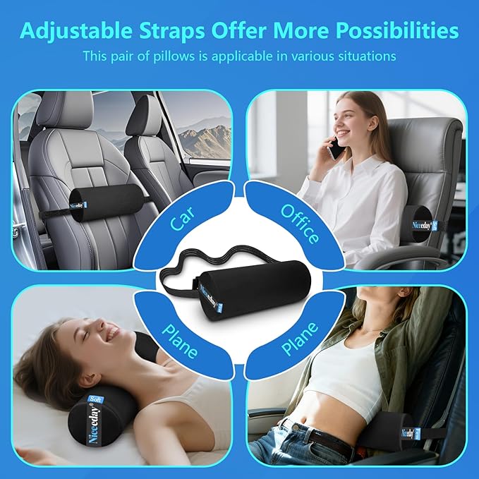 Lumbar Roll 2 Pack, Upgrated Soft & Firm Density with Non Slip Adjustable Straps, Low Back Lumbar Support for Office Chair & Car Seat Back Support Cushion, Lumbar Support for Car Seats, Desk Chair