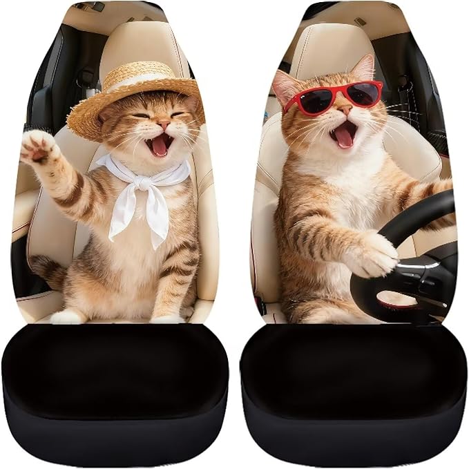 Cat Driving Car Seat Covers 2 Pcs Cute Car Seat Covers Front Seats Only Easy to Install and Clean Protection Interior Accessories Universal Fit for Most Cars SUVs and Sedans