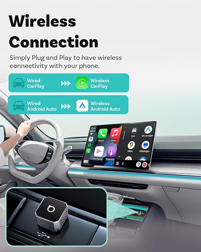 OTTOCAST Mini 3.0 Silver 2-in-1 Wireless CarPlay & Android Auto Adapter – Plug & Play for iPhone/Android, Dual-Phone Memory, Dual-Band WiFi (2.4/5GHz), Auto-Reconnect