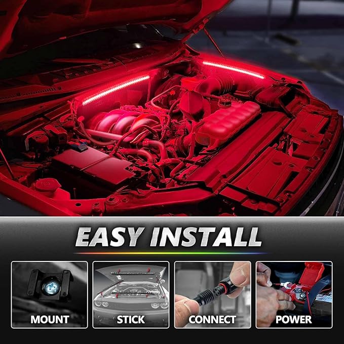 OPT7 Aura Pro Engine Bay Lights w/App & Remote Control, 4PCS 24” Waterproof Underhood LED Light Strips, RGB Multi-Color Music Sync Decoration for Pickup Truck Tacoma Tundra 4Runner Dodge Durango