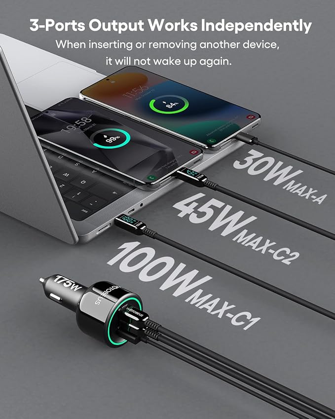WOTOBEUS 175W 3-Ports USB C Car Charger with Color-Changing LED Indicator, PD3.0 100W 65W PPS45W Fast Charging, Compatible with iPhone 17 16 15 Galaxy S25 S24, Pixel, MacBook, iPad & Type-C Laptops