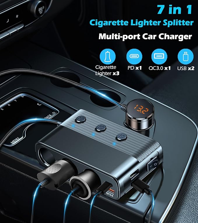 LIHAN 7-1 Cigarette Lighter Splitter,12V/24V Car Charger Adapter with 3 Socket Expander,PD30W Type-C,QC3.0 & Dual USB Ports,Independent Switches,Voltage Display,3.3FT Extension Cord fit Truck RV SUV