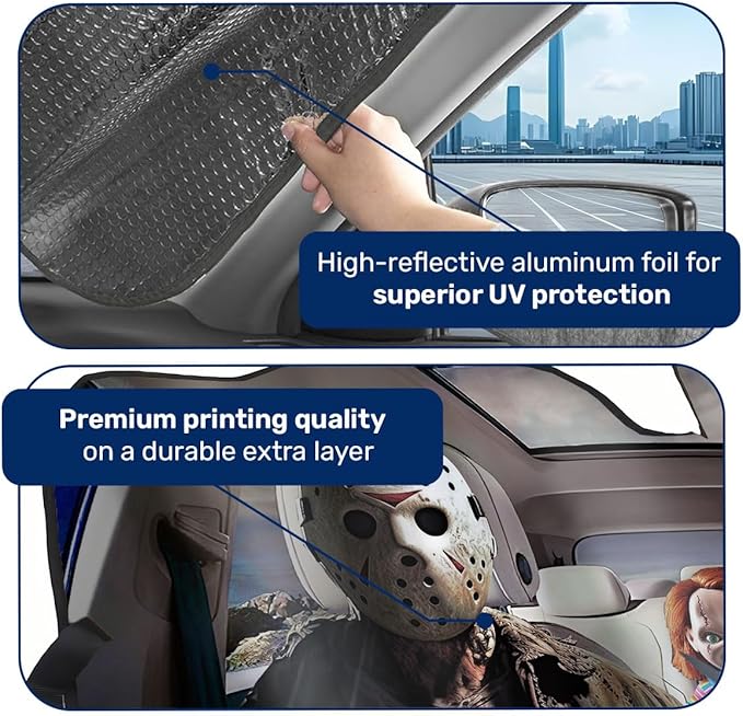 GENANY Horror Movie Character Windshield Sun Shade for Car SUV Truck (55x30 inches), Sun Shade Windshield, Shades for Windows, Protector Blocks UV, Car Decor