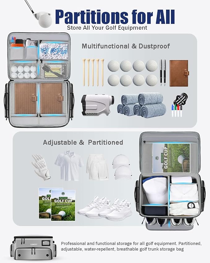 LOINTET Golf Trunk Organizer, Waterproof Car Golf Locker with Separate Ventilated Compartment for 2 Pair Shoes, Golf Storage for Balls, Tees, Cap, Clothes, Gloves, Accessories, Gifts for Men, Women