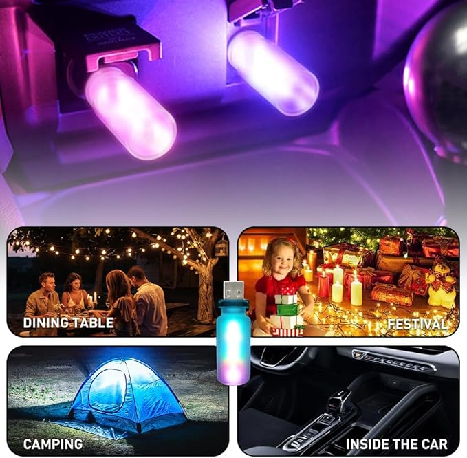 14 in 1 Modes Car USB Night Light, 7 Colors Touch Adjustment LED Ambient Lighting USB Automotive Interior Night Lamps, Mini LED Bulb for Car, Camping, Holiday Decoration, Bedroom, Party(4Pcs)