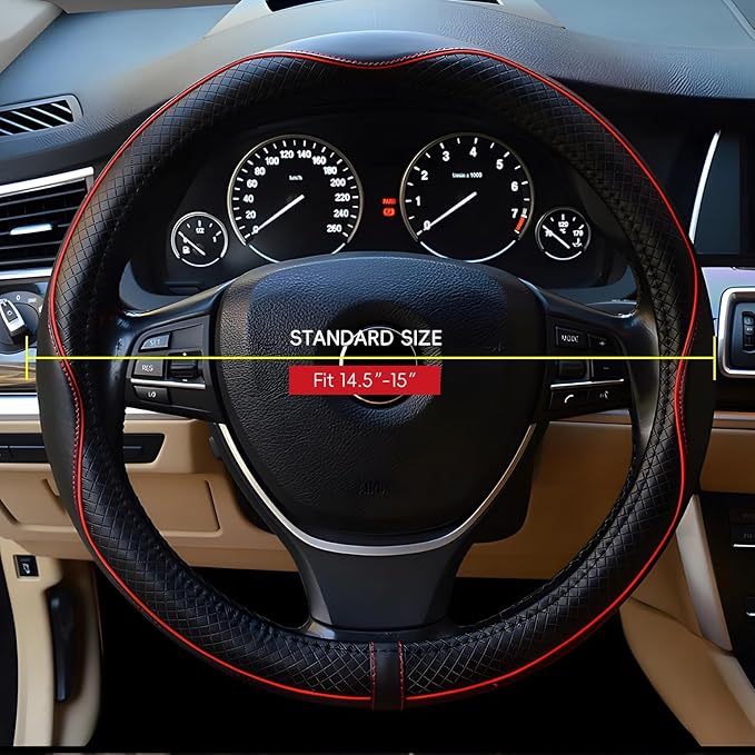 LABBYWAY Microfiber Leather Steering Wheel Cover, Universal 14.5-15 Inch,Anti Slip,Heavy Duty, Thick,Soft,Breathable Car Interior Accessories for Men Women (Black with Red line)