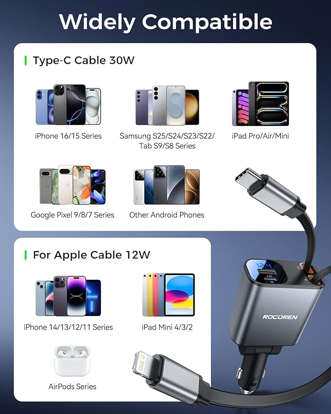 Retractable Car Charger for iPhone 17,Rocoren 4 in 1 USB C Car Charger with Dual Cord,69W Fast Charging Cigarette Lighter Adapter,Road Trip Essentials,Car Accessories Gifts for iPhone 16/15/14,Galaxy