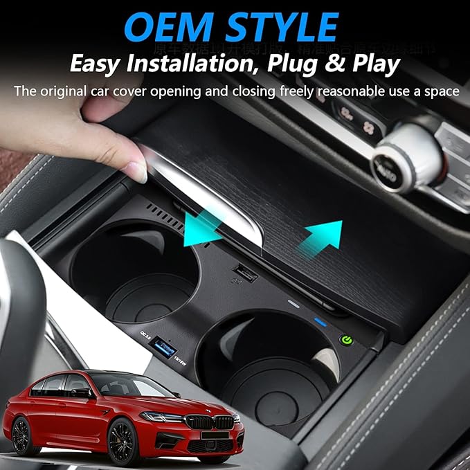 Wireless Car Charger for BMW 5 Series M5/535i/540i/550i/530e 2017-2022, for BMW 6 Series M6/640i/650i 2018-2020, 15W Qi Fast Charging Phone Charger Pad with QC3.0 USB Port for iPhone Galaxy