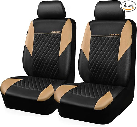 CAR PASS Quilting Leather Front Seat Covers, Automotive Waterproof Deluxe PU Premium Vinyl Luxury Two Front Seats Only Universal Fit for Cars Sedans SUVs Airbag Compatible,2 Pieces,Black&Beige
