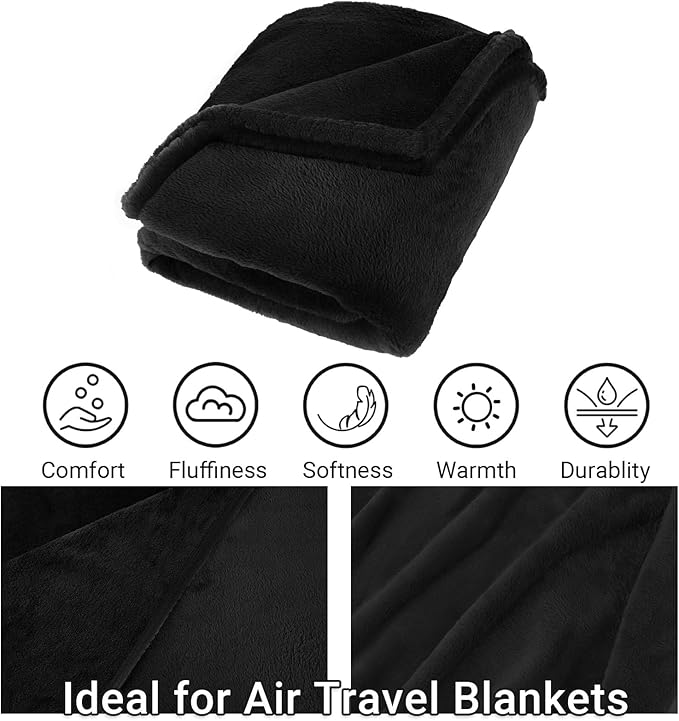 Airplane Travel Blanket with Pillow,300 GSM Soft Fleece Compact Blanket with Carry Bag,Lightweight Travel Blanket for Flights,Black