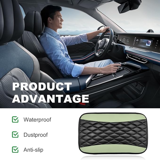Car Center Console Cushion Pad, 12.6 × 7.48 Inches Waterproof Car Armrest Seat Box Cover, PU Leather Armrest Cover Protector for Most Vehicle, Universal Car Interior Accessories (Green)