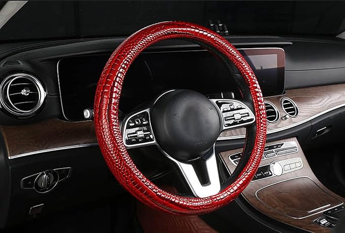 Luxury Crocodile Texture Glossy Leather Car Steering Wheel Cover, New Universal 15 Inch Vehicle Steering Wheel Cover for Cars, Trucks, Suvs, Pickups Interior Accessories (Red)