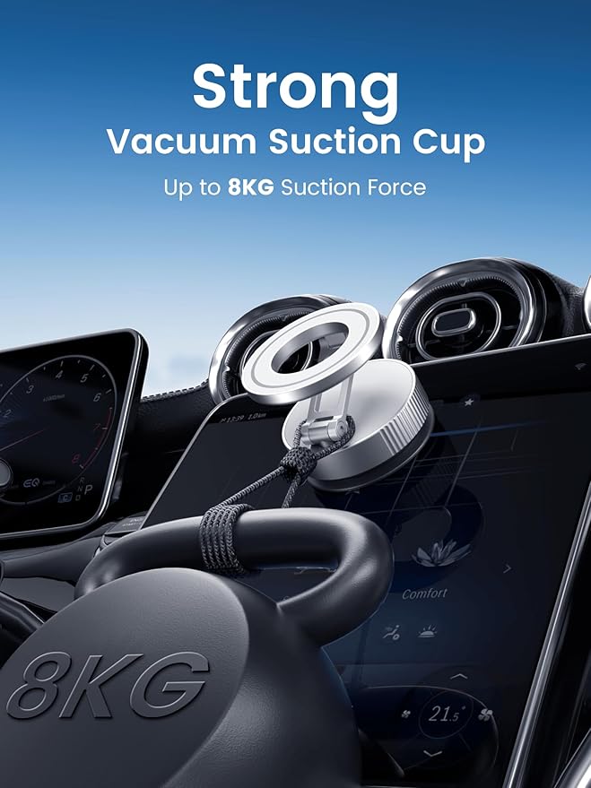 Vacuum Magnetic Phone Holder for MagSafe,Foldable Metal Suction Cup Phone Mount,360° Rotatable Phone Mount for All Smartphones & All Car Models-Silver