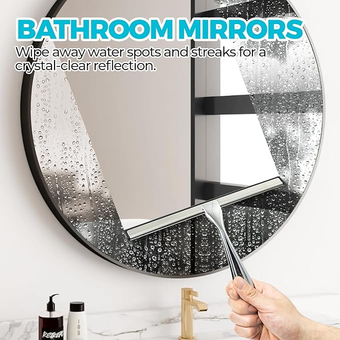 ALFLOD 2PACK 12-Inch All-Purpose Shower Squeegee for Shower Doors, Tile Shower Walls, Bathroom, Window, Glass and Car Windshield, Mirrors and Kitchen-Stainless Steel, Multitools, Silver