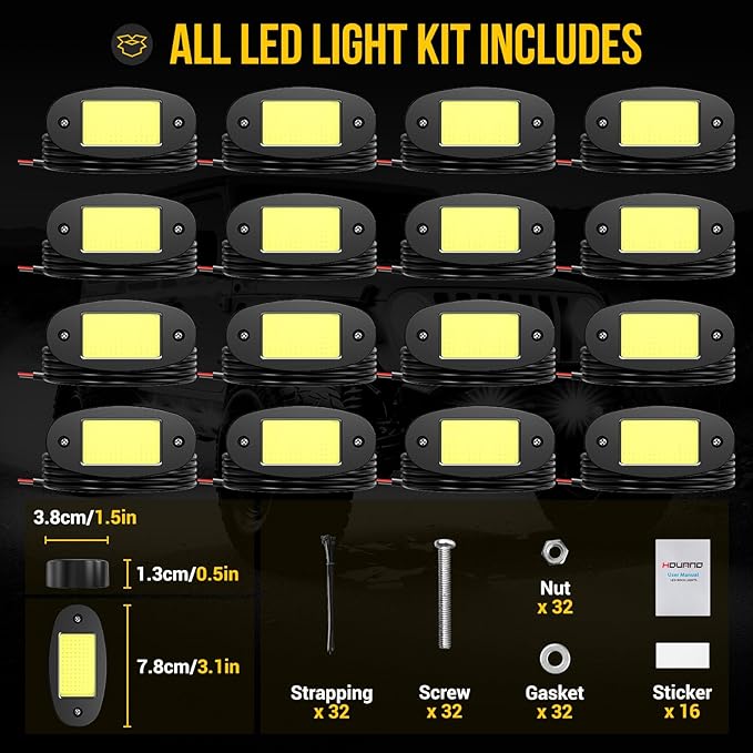 Hovano 16 Pods COB White Rock Lights, 120 COB Chips 6500K Pure White Super Bright Neon Underglow, IP68 Waterproof Shockproof Off-Road Light Kit for Pickup Trucks, SUV, UTV, ATV, RZR, Cars Boats