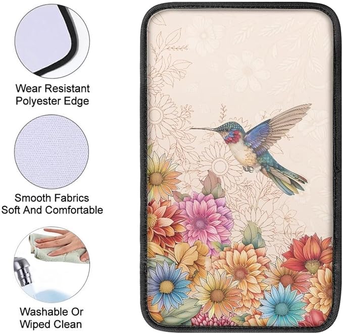 Center Console Armrest Cover Pad for Most Vehicle, Boho Flower Hummingbird Armrest Cushion Protector for SUV, Truck, Car,Universal Fit Car Accessories Interior