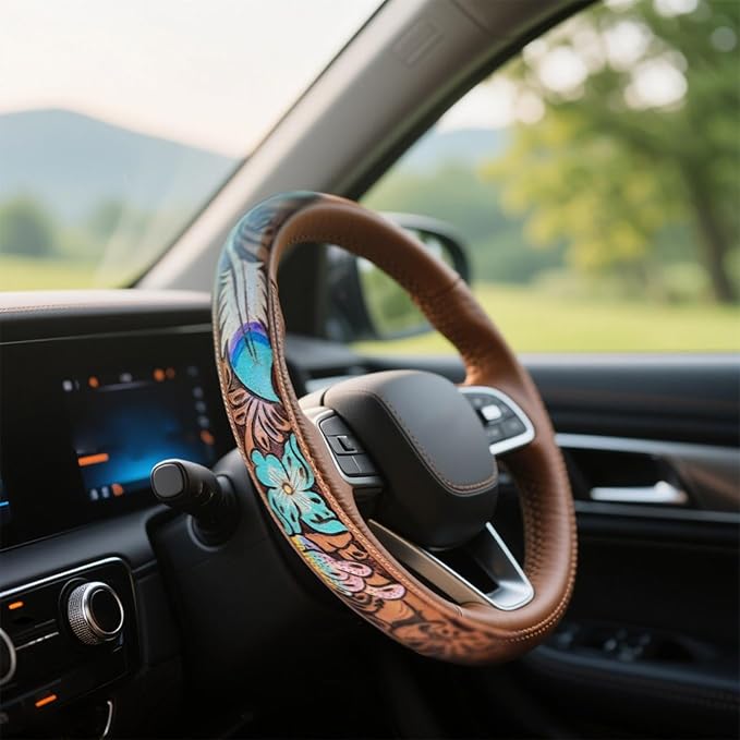 Steering Wheel Cover Western Car Tooled Leather Retro Cowboy Car & Truck Accessory, Universal 15 Inch Non Slip Wheel Cover for SUV, Pickup, Comfortable Grip, Easy to Install (Blue)