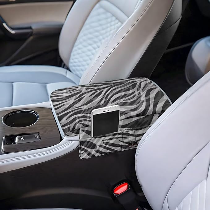 Black Zebra Car Center Console Cover, Upgraded Car Arm Rest Cover with 4 Storage Bags, Universal Armrest Cushion for Car Storage Box Car Interior Accessories Protector for Most Vehicle