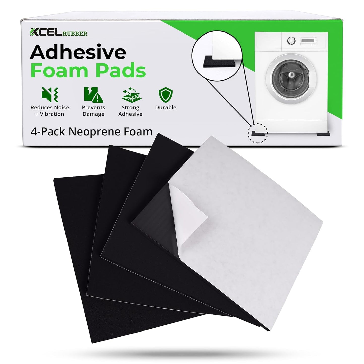 XCEL 4 Pack 12" x 12" x 1/4" Self Stick Foam Rubber Pads with Adhesive Versatile Adhesive Foam Rubber Pads Sheets for Appliances and Furniture, Neoprene Foam Pads Adhesive