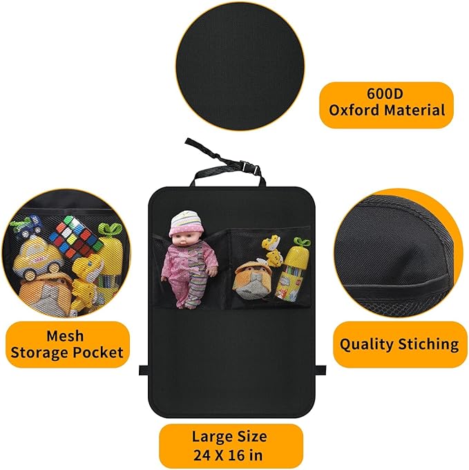 Kick Mats with Organizer -2 Pack Backseat Protector SeatCovers for Your Car, SUV, Minivan or Truck Seats - VehicleBack Seat Kids Safety Accessories -Universal Fit AutomotiveInterior Protectors