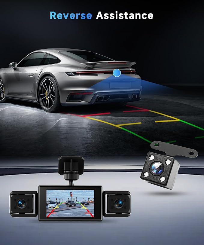 360° Dash Cam Front and Rear Inside Left Right, 3 Inch 4 Channel FHD 1080P Dash Cam for Cars, IPS Dashcams with Night Vision, Loop Recording, 24H Parking Mode Monitor, Reverse View