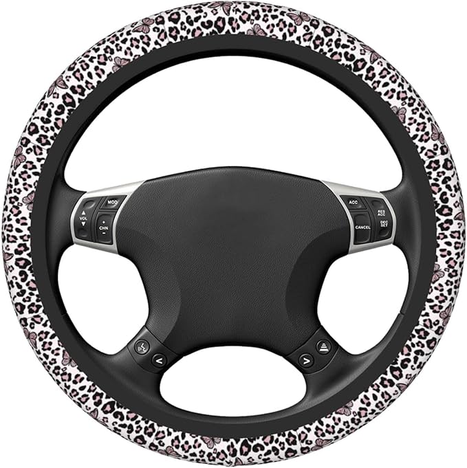 Black And White Leopard Print Auto Car Pink Butterfly Steering Wheel Cover Universal 15 Inch Neoprene Interior Decor Protection Accessories