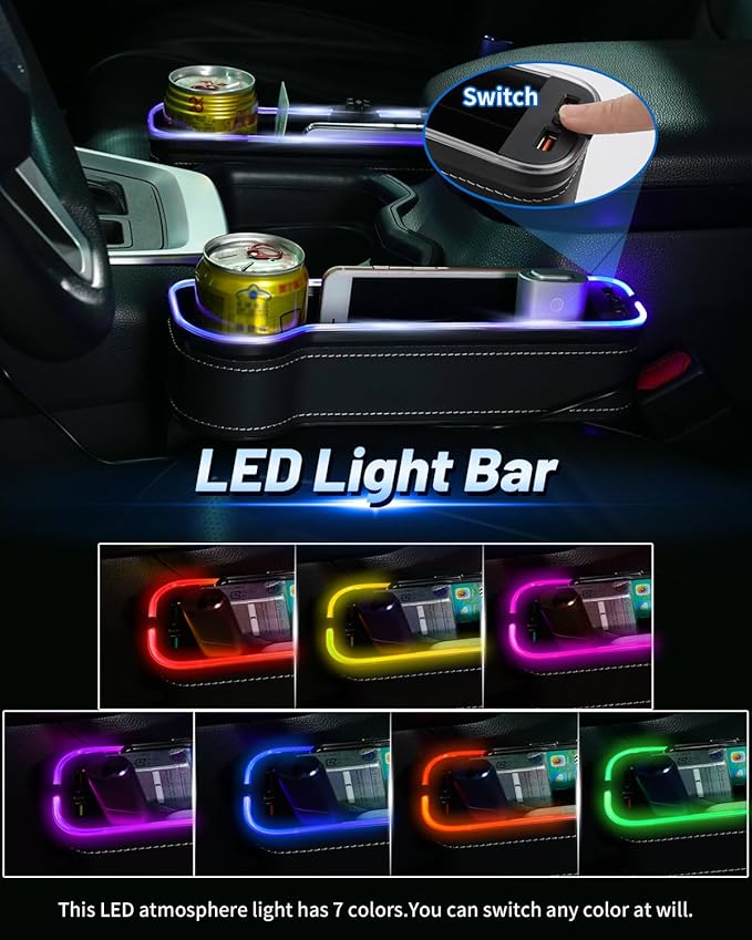 Shademax RGB Color Changing LED Car Seat Gap Filler Organizer Console Side Seat Gap Storage Box with Cup Holders and USB Chargers for Car Interior Accessories (2 Pack)