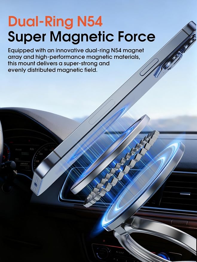 Vacuum Magnetic Car Phone Holder with Strong Magnets, 360° Adjustable Dash Cell Phone Holders, Foldabl Magsafe Car Mount with Vacuum Suction Cup for Cars/Gym/Mirror/Smooth Surface iOS Android, Black