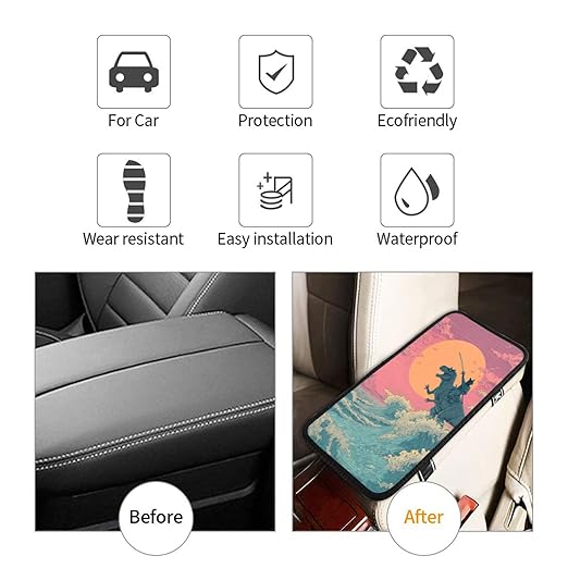 Cat Riding T-Rex Car Auto Armrest Cushion Cover Accessories Center Console Seat Box Pad Protector Universal Decoration for Most Vehicle SUV Truck