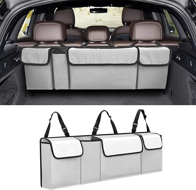 Car Trunk Organizer, Backseat Hanging Large Storage with Adjustable Straps,Waterproof PVC Collapsible Cargo Bag, Car Interior Accessories for Auto SUV MPV (White)