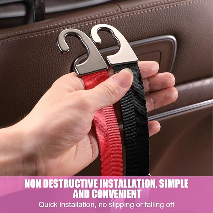 Car Headrest Hooks, 2PCS Vehicle Back Seat Storage Organizer Hanging Holder for Purse Bags Grocery, Adjustable Automotive Interior Hanger Accessories, Universal Fit (Red)