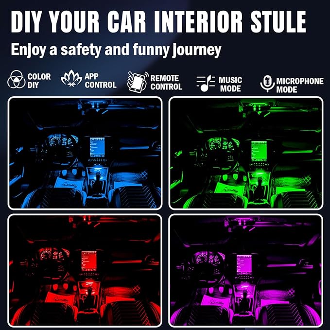 Car Led Lights Interior, Smart APP Control RGB Ambient Lighting Car, 64 Color 28 Modes Voice Activated LED Fiber Optic Strip, 12V USB Powered Car Led Strip Lights