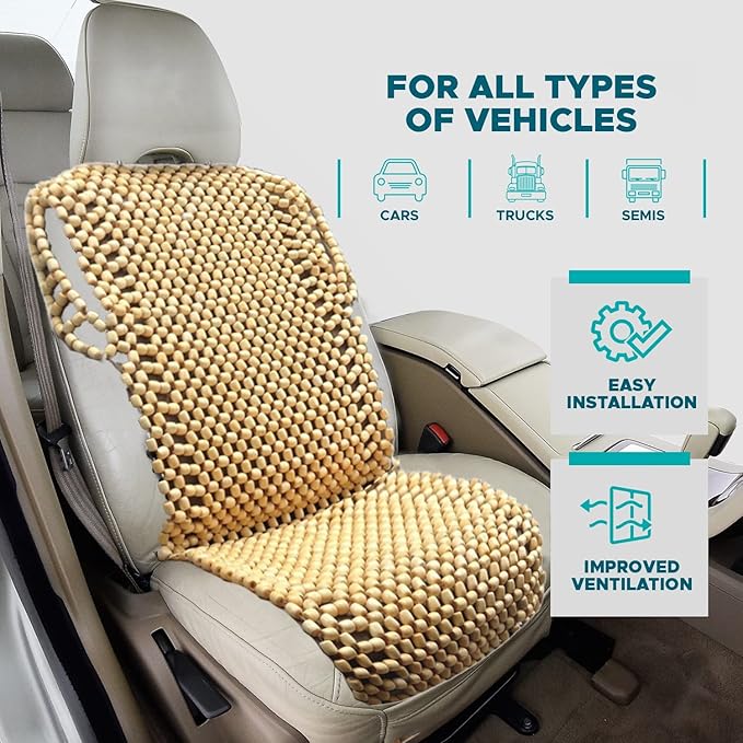 VaygWay Beaded Seat Cushion Car Driver Seat Cover with Durable & Double Strung Natural Wood Beads- Cooling Comfort Ventilated Massaging Support Cushion for Cars, Trucks & Office Chairs