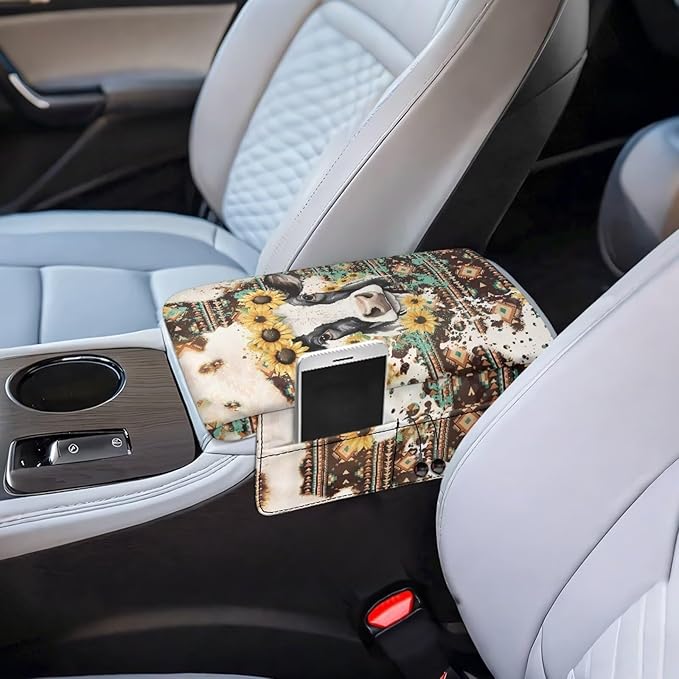 Tupalatus Aztec Car Armrest Cover Soft Cow Waterproof Armrest Seat Box Cover with 2 Storage Bags Car Center Console Cushion Pad Easy Installation Fit for SUV Truck Sedan Van