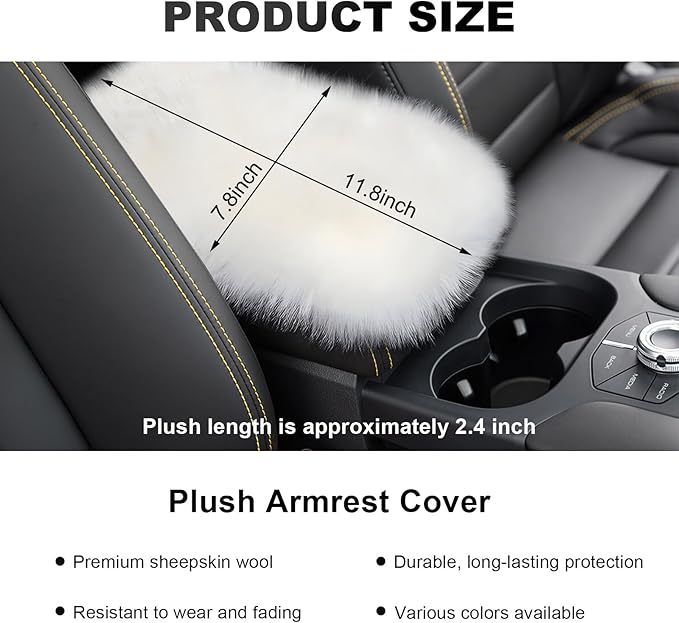 Center Console Cover, 11.81"×7.87" Automotive Fluffy Plush Center Armrest Protector, Universal Furry Comfortable Center Console Pad for Cars Trucks SUVs, Car Accessories (White)