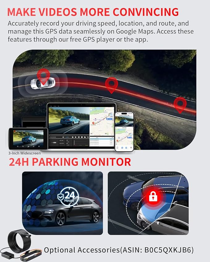 Dash Cam Front and Rear, 4K Full HD Dual Dash Camera for Cars, Built-in Memory Card Monitoring, 64GB Card, 5G WiFi GPS, Car Camera with 3" IPS Screen, 2160P Night Vision, 24H Parking Monitor