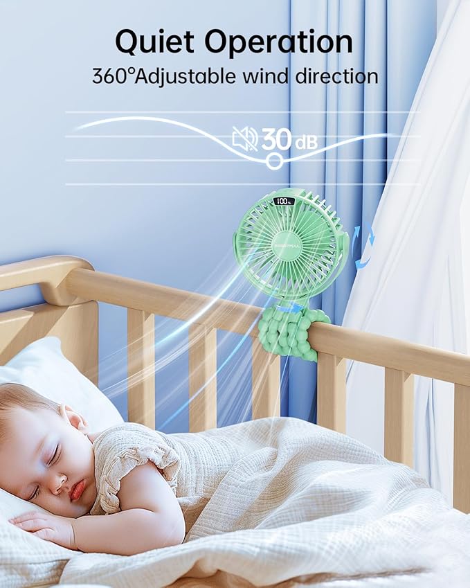 SWEETFULL Portable Stroller Fan with LED Display, 4 Speed Rechargeable Mini Clip On Fan, 360° Rotate Flexible Tripod Better Cooling Small Baby Fan for Car Seat Crib Travel Bike Treadmill (Green)