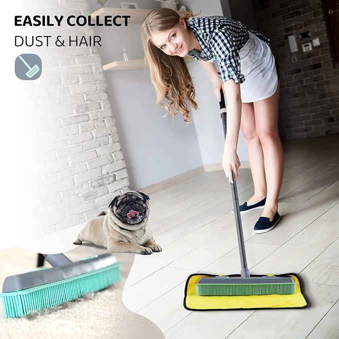 Conliwell Rubber Broom Carpet Rake for Pet Hair, Fur Remover Broom with Squeegee, Portable Detailing Lint Remover Brush (Iron Handle)