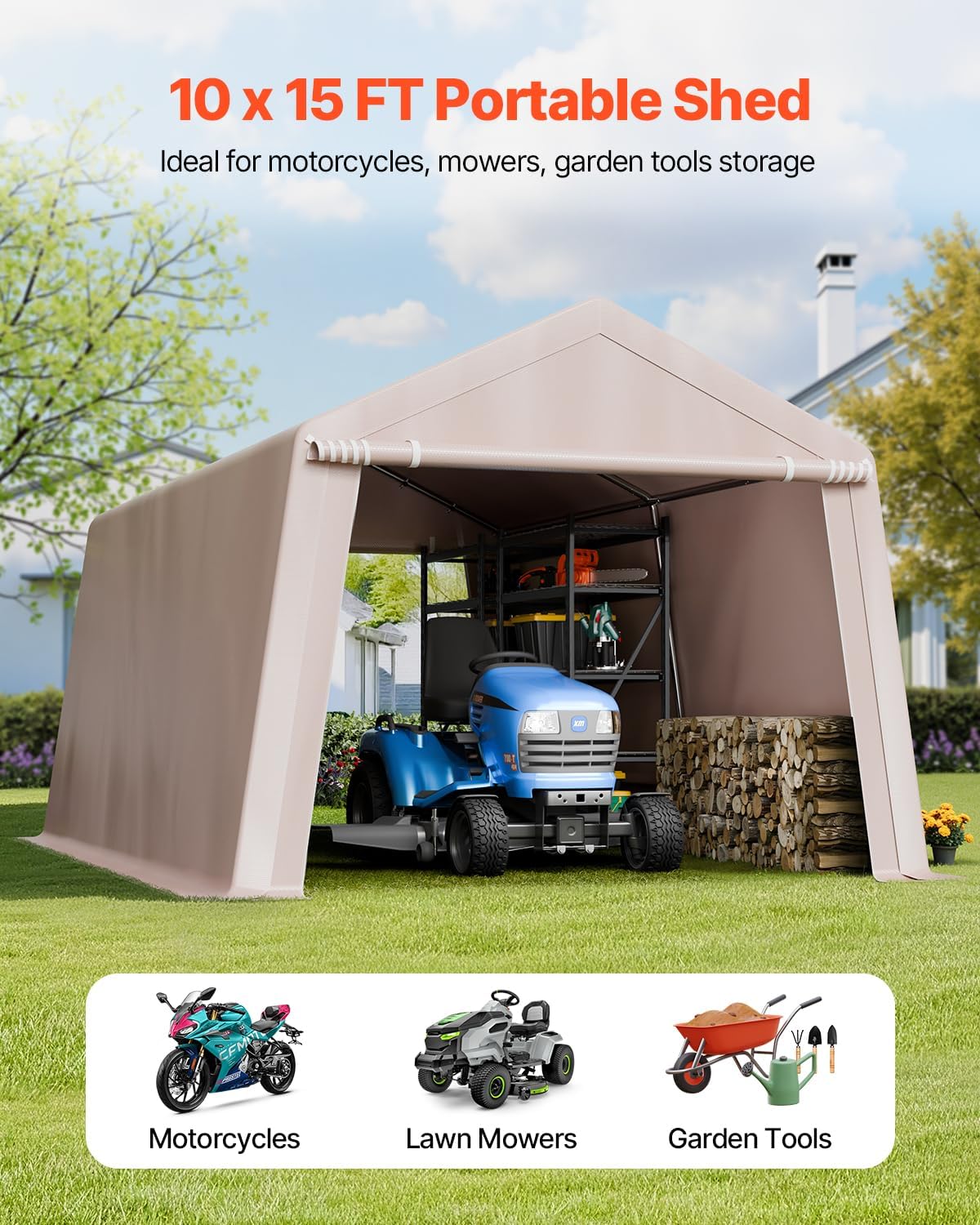 VEVOR Outdoor Storage Shed, 10 x 15 ft Portable Storage Tent with 2 Roll-up Doors & Vents, Waterproof Canopy Shed Shelter, Heavy Duty Frame, Patio Garage Carport for Motorcycle Lawn Mower, Beige