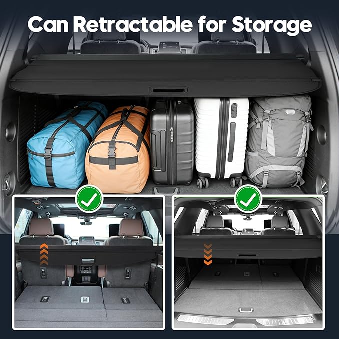 Powerty Retractable Cargo Cover for 2021-2023 Chevy Tahoe/Suburban/Cadillac Escalade ESV Luxury 3.0L/Cadillac Escalade ESV Luxury 6.2L/GMC Yukon/Yukon XL Accessories, Canvas Texture Rear Trunk Cover