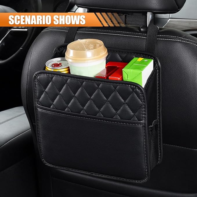 LAINLOY Foldable Car Seat Back Organizer, Large Capacity Hanging Car Backseat Storage Bag with Cup Holders, PU Leather Waterproof Car Trash Bag Can, Car Travel Accessories for Most Vehicles (2)