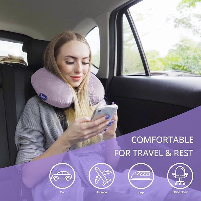 Travel Pillow Memory Foam for Airplanes - Neck Pillow for Traveling, Car, Home, Flight Pillow for Sleeping with Attachable Snap Strap Soft Washable Cover, Provide Head Neck Support Rest, Gray Purple