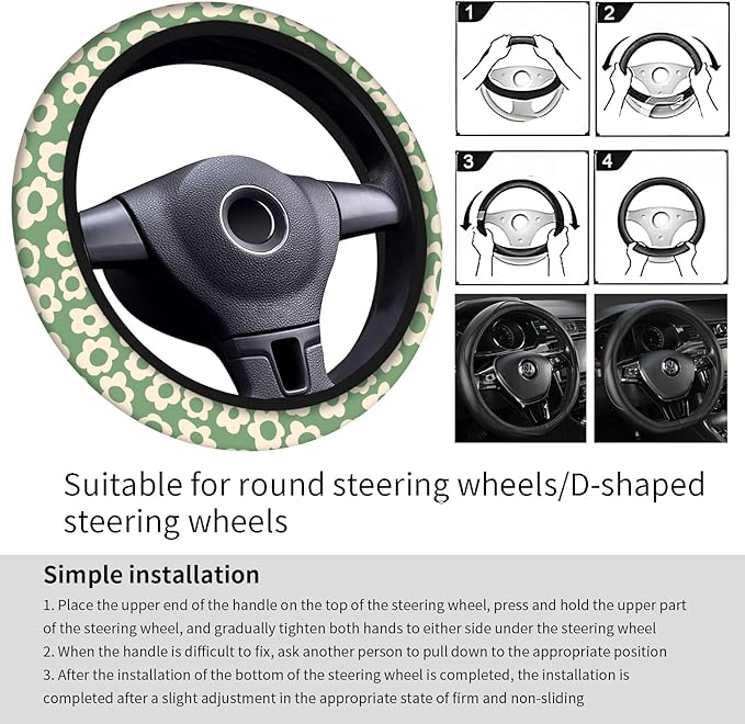 Car Steering Wheel Cover, Universal 15 Inch Neoprene Non-Slip Steering Wheel Covers, Funny Car Accessories for Women Men Fit Auto, Suvs, Truck Vintage Green Flowers