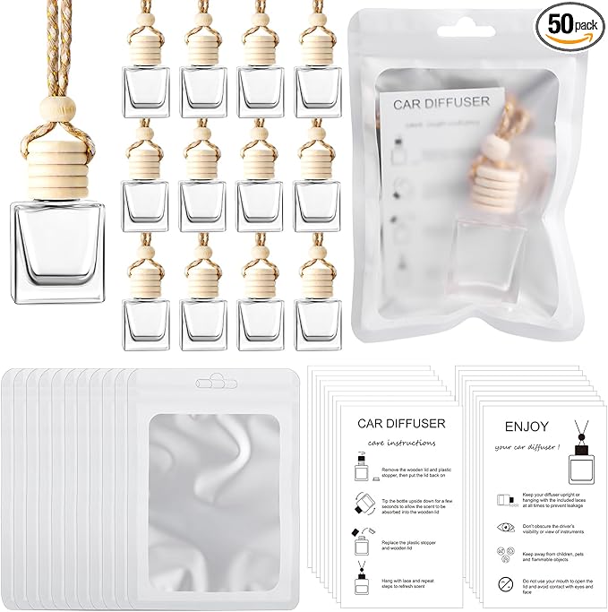 Boao 50 Sets Hanging Car Air Freshener Diffuser Bottles with Instruction Card and 4 x 6'' Resealable Holographic Bag for Empty Car Essential Oil Perfume Bottles Packaging (Cube)