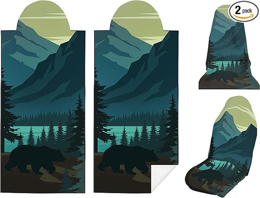 2 Pack Car Seat Towel Covers, Sweat Protector for Front Seats, Premium Thickened Microfiber with Black Bear Wildlife Forest, Breathable and Quick Dry, Slip-on Headrest Pocket for Gym, Beach, Running