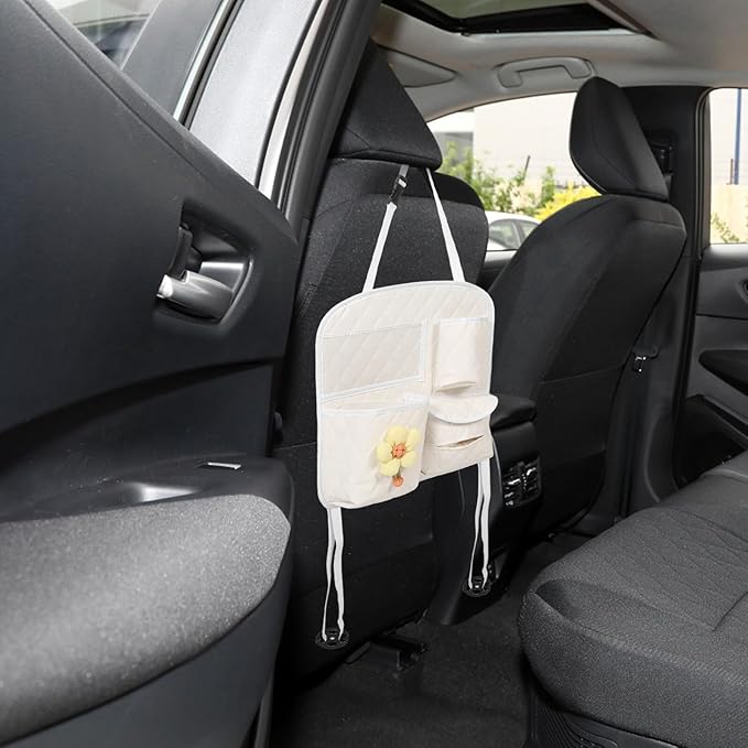 Car Seat Back Storage Organizer Bag, Multifunctional Leather Backseat Car Organizer with Hanging Pockets, Beige Quilted Design for Suv and Family Travel Interior