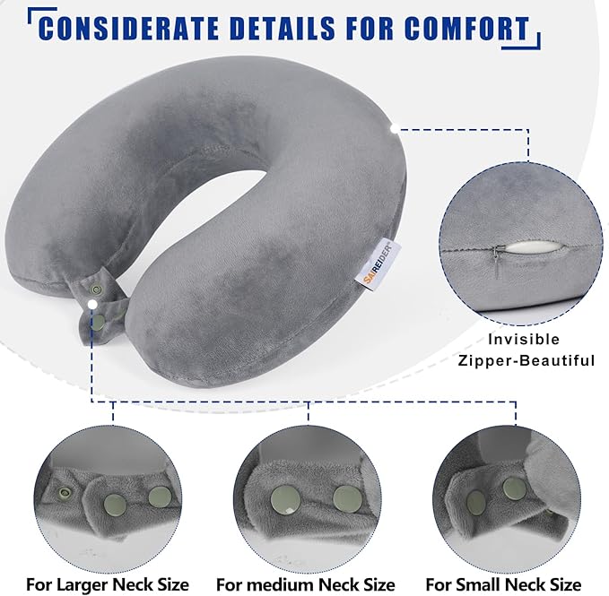 SAIREIDER Airplane Pillow 100% Memory Foam Neck Pillow for Airplanes Flight Rest Best Adjustable Travel Neck Support Pillows-Prevent The Heads from Falling Forward (Grey)