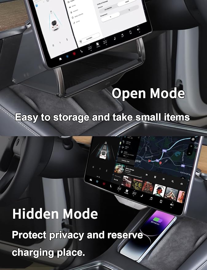 for Tesla Model Y 3 (Juniper & Highland Included) Under Screen Storage Shelf Organizer Tray Box Open-Close Hidden Center Console Organizer for Model Y 2020-2026 & Model 3 2017-2025 Accessories