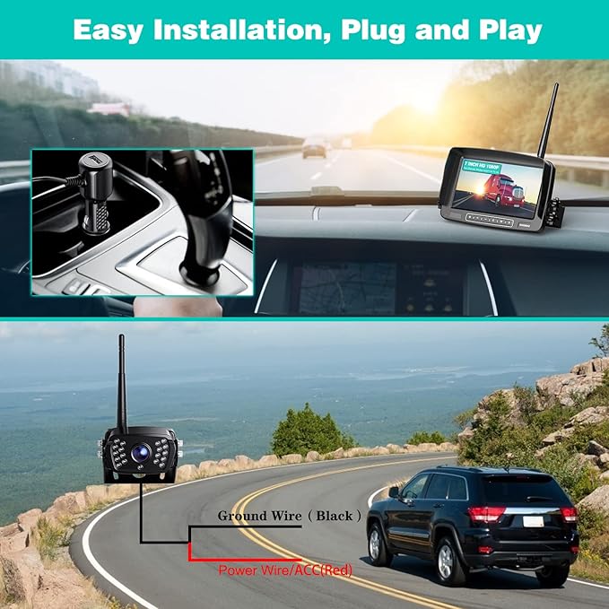 Wireless Backup Camera, 7 Inch Monitor Rear View Camera System for RV, Trailers, Trucks, 5th Wheels, Support 2 Cameras, IP69 Waterproof 18 LED IR Night Vision 152° View Camera, DIY Guide Lines